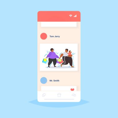 fat obese men with child holding shopping bags overweight african american guys with little kid walking together big sale obesity concept smartphone screen online mobile app full length