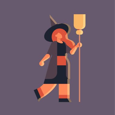 cute girl wearing witch scarecrow costume woman standing with broom happy halloween party celebration concept flat full length