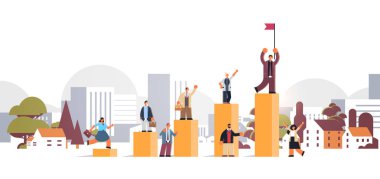 kariyer merdivenin üstüne bayrak ile finans bar grafik işadamı tırmanma işadamları başarı kavramı cityscape arka plan tam uzunlukta düz yatay kazanmak