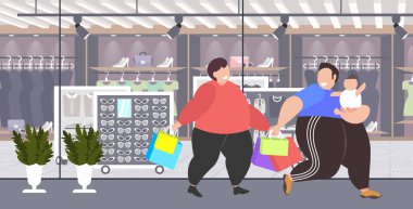 küçük çocuk ile birlikte büyük satış obezite kavramı modern butik moda mağazası dış tam uzunlukta yatay yürüme küçük çocuk ile çocuk tutan şişman obez erkekler