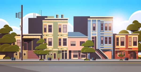 Yaz sezonunda şehir bina evleri dış modern şehir sokak günbatımı cityscape arka plan yatay düz — Stok Vektör