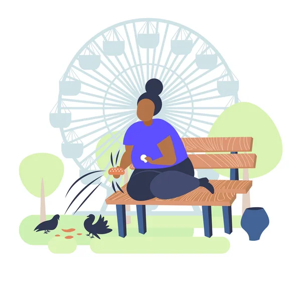 肥胖妇女拿着面包和喂养成群的鸽子超重非洲美国女孩坐在木凳肥胖概念公园景观摩天轮背景平全长 — 图库矢量图片