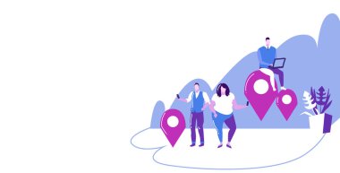 gadget'lar online navigasyon uygulaması kavramı erkek kadın yakın konum işaretleri geo etiketlergps işaretçileri çizim tam uzunlukta yatay kullanan insanlar