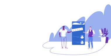 mobil sohbet uygulama erkekler kullanarak iki işadamı inceleme beş yıldız derecelendirme geribildirim kavramı akıllı telefon ekranı online uygulama kroki yatay tam uzunlukta bırakarak