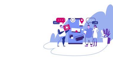 sohbet kabarcıkları konuşma ve konum coğrafi etiketleri yakın akıllı telefon ekran kroki yatay tam uzunlukta tartışırken ile cep telefonu online uygulama navigasyon iletişim kavramı erkek kadın kullanan insanlar