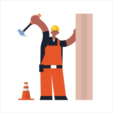 erkek oluşturucu çekiç meşgul afrika maerican işçi endüstriyel inşaat marangoz işçi üniforma ahşap plank bina kavramı düz tam uzunlukta bir çivi çekiçleme