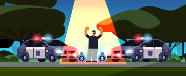 Detenido personaje criminal con dinero bolsas ladrón atrapado por la policía robo autoridad de seguridad justicia ley servicio concepto parque urbano paisaje fondo longitud completa horizontal — Vector de stock