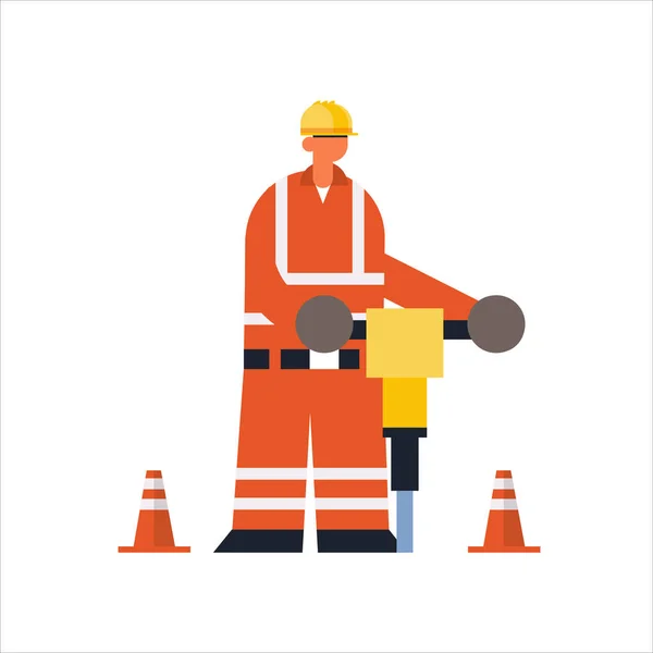 Männliche Bauarbeiter Bohren mit Presslufthammer beschäftigt Arbeiter Industriebauarbeiter in schützenden einheitlichen Baukonzept flache volle Länge — Stockvektor