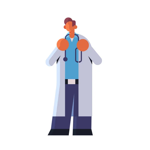 Male doctor in white coat standing pose medicine healthcare concept hospital medical clinic worker with stethoscope full length flat — Stock Vector