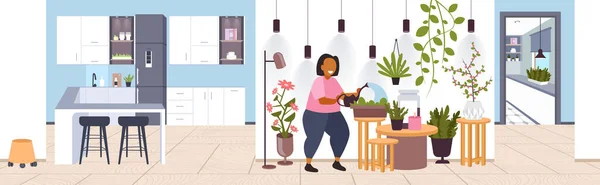 Γυναίκα με πότισμα μπορεί να φροντίσει το κορίτσι houseplants φροντίδα για τα φυτά εσωτερικού χώρου διαμονή σπίτι lifestyle — Διανυσματικό Αρχείο