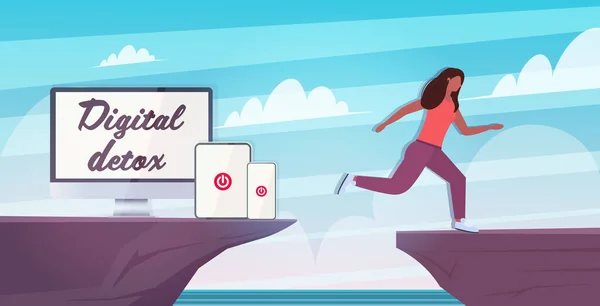 Frau springt über Klippen-Abgrund und flieht vor Gadgets digitalem Detox-Konzept — Stockvektor