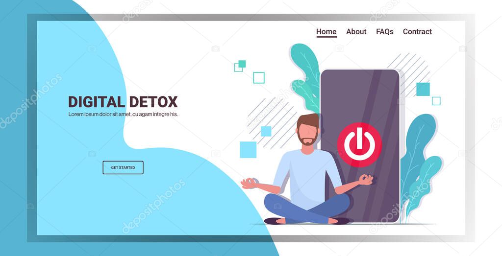 man sitting lotus pose smartphone with turn off button on screen digital detox concept