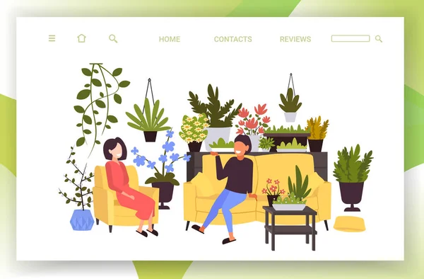 Filles discuter lors de la réunion des femmes se détendre dans le salon moderne avec des plantes de maison vert intérieur — Image vectorielle