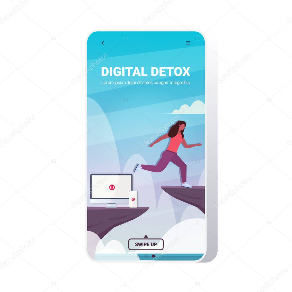woman jumping over cliff abyss running away from gadgets digital detox concept