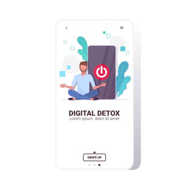 Oturan adam lotus akıllı telefonu ekrandaki dijital detoks konseptinde kapatma düğmesiyle poz verir