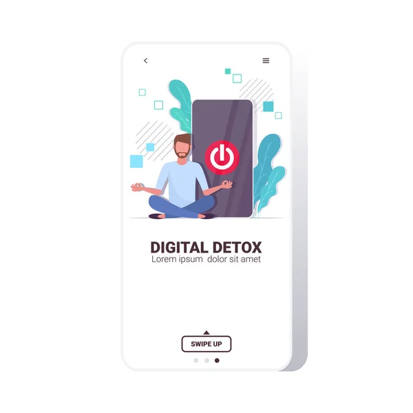 Man sitter lotus pose smartphone med avstängningsknapp på skärmen digital detox koncept — Stock vektor