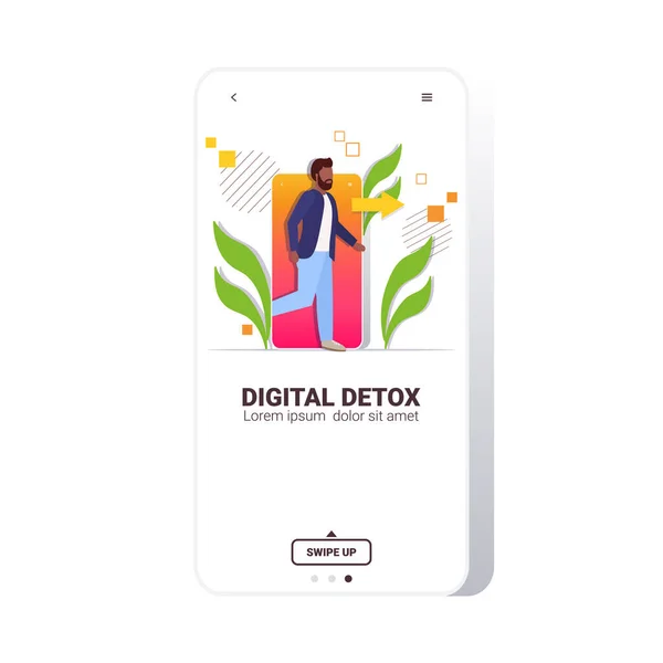 Man kommer ut ur mobiltelefon digital detox koncept kille flyr från digitalt beroende — Stock vektor