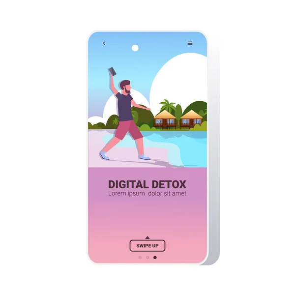 Mann wirft digitales Detox-Konzept vom Smartphone weg Kerl entspannt sich am tropischen Strand und verzichtet auf Gadgets — Stockvektor