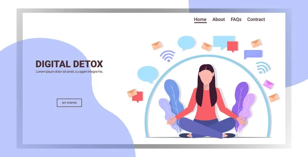 Frau sitzt Lotus Pose Digital Detox Konzept Mädchen verlassen Internet und soziale Netzwerke — Stockvektor