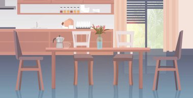 Modern mutfak içi boş. Mobilyaları yatay olan yemek odası yok.