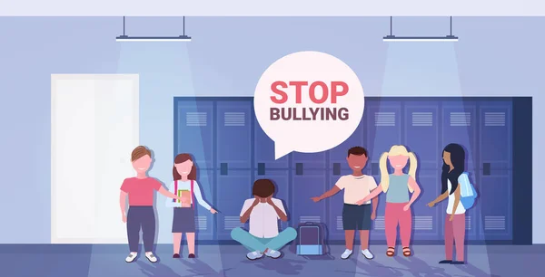 Anak sekolah yang diganggu oleh ras campuran kekerasan teman sekelas kecemasan sosial berhenti bullying konsep psikoterapi - Stok Vektor