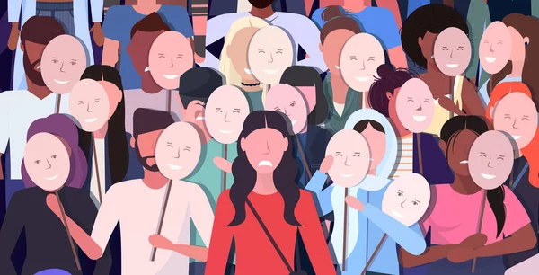 Ludzie tłum trzyma pozytywne maski mężczyźni kobiety grupa obejmujące emocje twarzy za maski depresja — Wektor stockowy