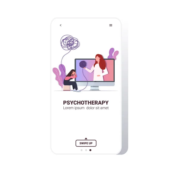 Psykoterapeut konsult patient under internet psykoterapi session psykisk hälsa depression — Stock vektor