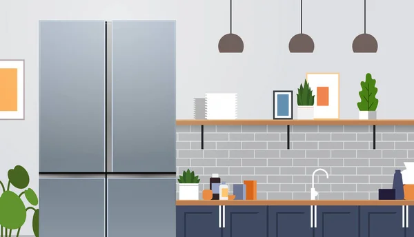 Zilver naast elkaar koelkast in moderne keuken interieur apparaat concept horizontaal — Stockvector