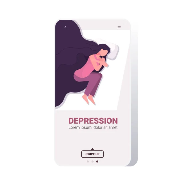 Üzgün kadın ağlıyor depresyonda yatan depresyondaki kız sorunları acı psikolojisi kavramını strese sokuyor — Stok Vektör