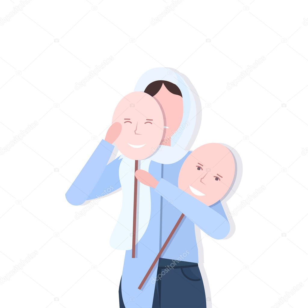 depressed arabian woman holding positive mask girl covering face emotions behind mask depression