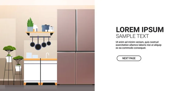 Lado marrom pelo refrigerador lateral na cozinha moderna conceito de eletrodoméstico interior horizontal —  Vetores de Stock