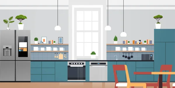 Interior de la cocina moderna con nuevo horno refrigerador y electrodomésticos microvawe concepto horizontal — Vector de stock