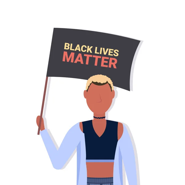 Γυναίκα που κατέχει μαύρη ζωή θέμα σημαία εκστρατεία ευαισθητοποίησης κατά των φυλετικών διακρίσεων — Διανυσματικό Αρχείο