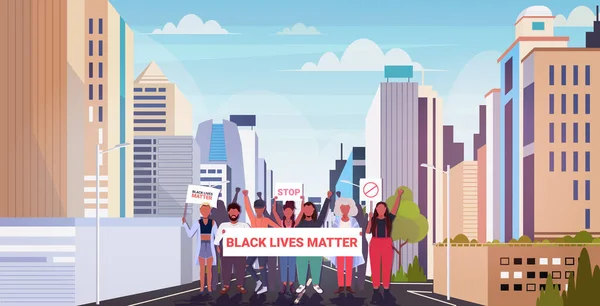 Fekete életű tüntetők anyag transzparensek figyelemfelkeltő kampány a faji megkülönböztetés ellen — Stock Vector