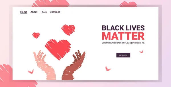 Vidas negras importan corazón en campaña de concientización multirracial de manos contra la discriminación racial — Vector de stock