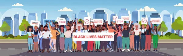 有黑人生活的抗议者高举反种族歧视宣传运动的旗帜 — 图库矢量图片