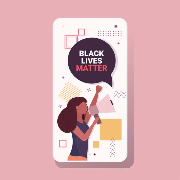 Γυναίκα φωνάζοντας στο μεγάφωνο μαύρες ζωές θέμα chat φούσκα εκστρατεία ευαισθητοποίησης κατά των φυλετικών διακρίσεων — Διανυσματικό Αρχείο