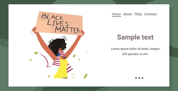 Mujer afroamericana con vidas negras banner campaña contra la discriminación racial — Vector de stock