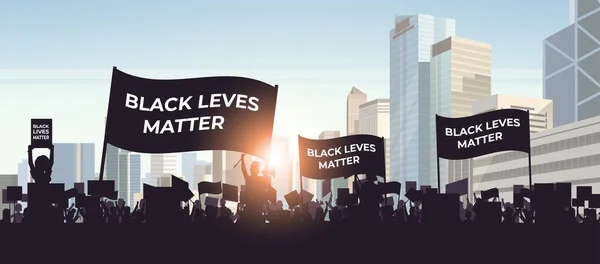 Protesters with black lives matter banners campaign against racial discrimination of dark skin color — Stock Vector