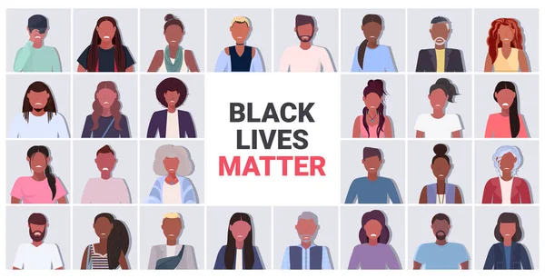 Afroamericanos avatares vidas negras importan campaña de sensibilización contra la discriminación racial — Vector de stock