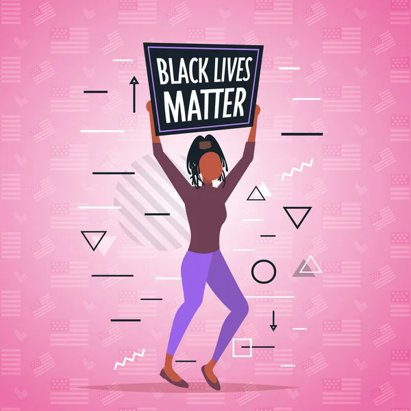 Mujer afroamericana que sostiene vidas negras campaña de concientización de banderas contra la discriminación racial — Archivo Imágenes Vectoriales