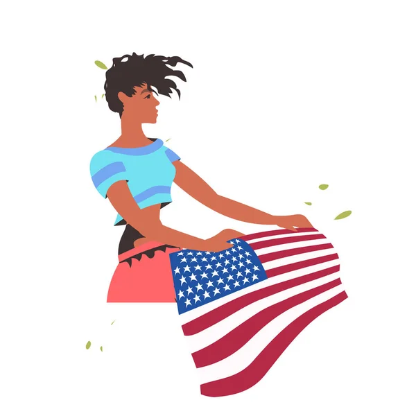 Африканская американка держит флаг США черный жизни кампанию против расовой дискриминации — стоковый вектор