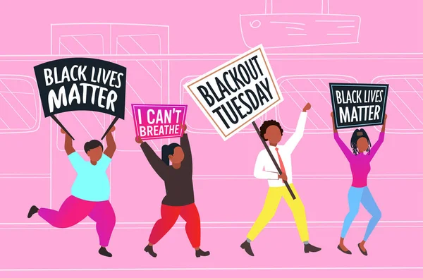 Афроамериканські протестувальники з чорним життям мають значення банери протесту проти расової дискримінації — стоковий вектор