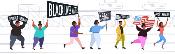 흑인 생활을 하는 아프리카 계 미국인 시위자들은 인종 차별에 반대하는 플래카드를 사용 한다. — 스톡 벡터