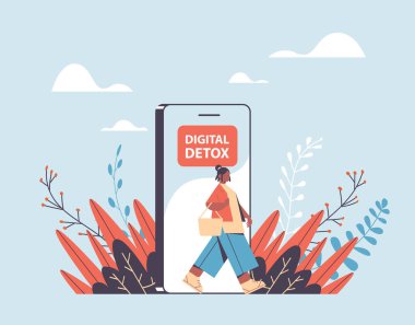 woman coming out of cellphone digital detox concept girl escaping from digital addiction clipart