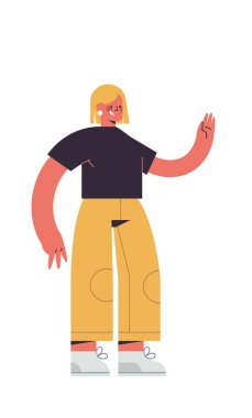 Güzel bir kadın, el sallıyor, gülümsüyor, modaya uygun giyinmiş, kadın çizgi film karakteri, ayakta duruyor.