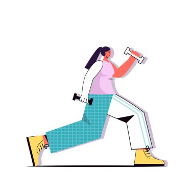 Dambılı çömelmiş kız sağlıklı yaşam tarzı kilo verme konsepti kadın çizgi film karakteri