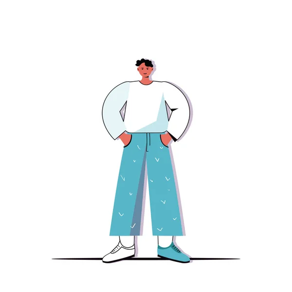 Homem com as mãos em bolsos cara em roupas da moda casual personagem de desenho animado masculino em pé pose comprimento total — Vetor de Stock
