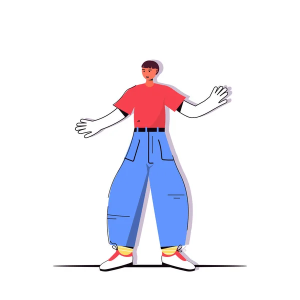 Hombre con las manos levantadas hasta chico en ropa casual de moda personaje de dibujos animados masculinos de pie pose — Vector de stock