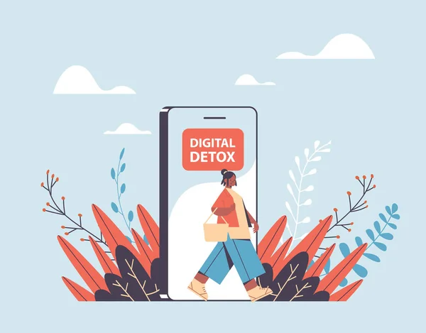 Woman coming out of cellphone digital detox concept girl escaping from digital addiction Royalty Free Stock Illustrations